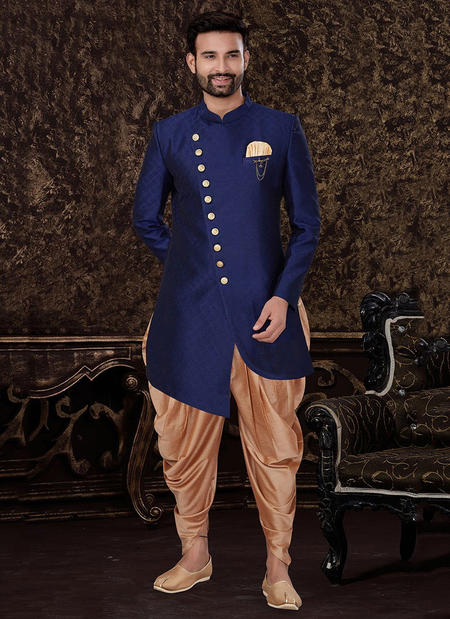 Blue Colour outluk vol 27 Wedding Wear Semi Jacquard Silk With Self Emboss Work Indo Western Mens Wear Collection 27001